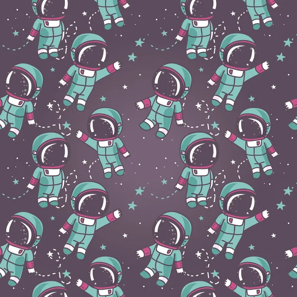Cosmic seamless pattern, cute doodle astronauts floating in space