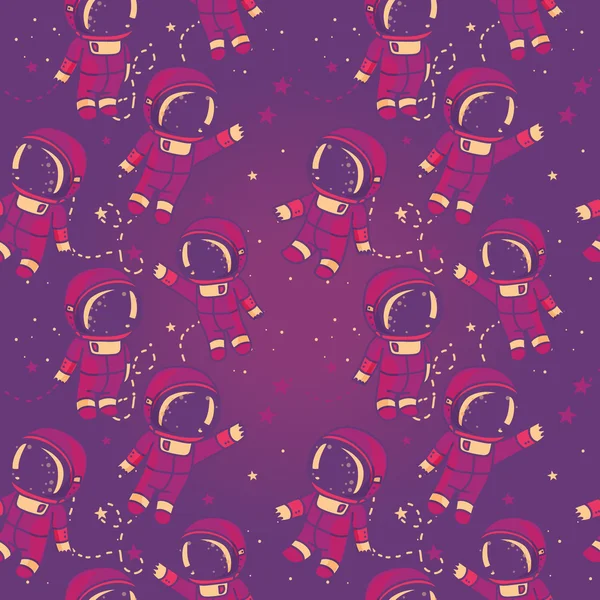 Kosmické bezešvé pattern, roztomilý doodle astronauti plovoucí v prostoru — Stockový vektor