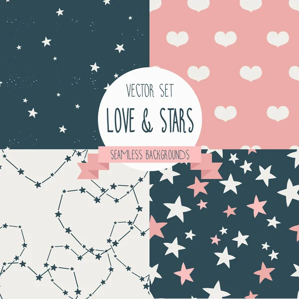 Conjunto de texturas sin costuras para el día de San Valentín, fondos encantadores y estrellados — Vector de stock