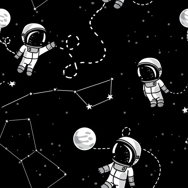 Padrão sem costura cósmica, astronautas doodle bonito flutuando no espaço — Vetor de Stock