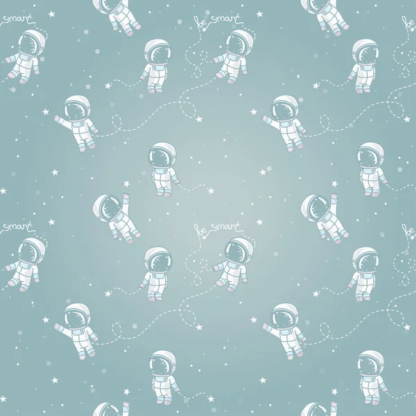 Patrón cósmico sin costuras, lindo doodle astronautas flotando en el espacio — Vector de stock
