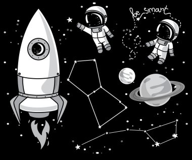 Cute el kozmik tasarımı için çizilmiş öğeleri: gezegenler, takımyıldızları, Astronotlar uzay ve roket içinde yüzen