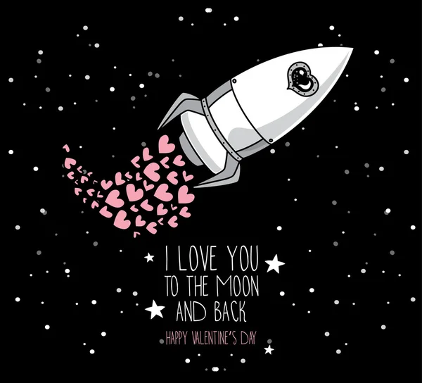 Cute hand drawn rocket with hearts, stars background, lovely card for valentine's day — Stock Vector