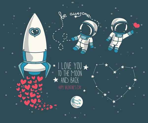 Cute hand drawn elements for valentine's day design: moon, stars, astronauts floating in space and rocket — Stock Vector
