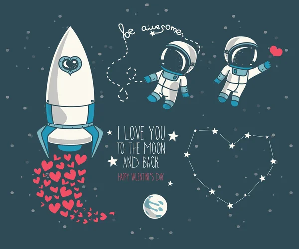 Cute el Sevgililer günü tasarımı için çizilmiş öğeleri: ay, yıldız, Astronotlar uzay ve roket içinde yüzen