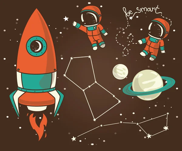 Elementos desenhados à mão bonitos para o design cósmico: planetas, constelações, astronautas flutuando no espaço e foguetes —  Vetores de Stock