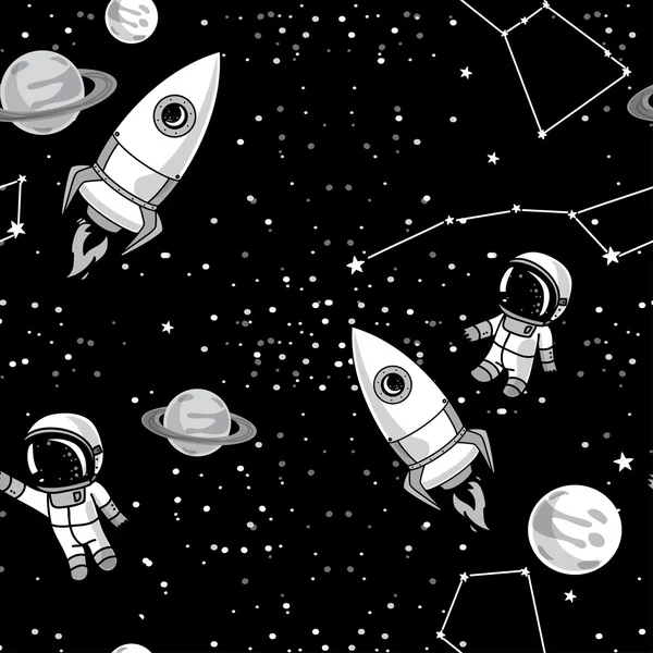 Fond sans couture avec de mignons astronautes doodle, planètes, fusées et étoiles — Image vectorielle