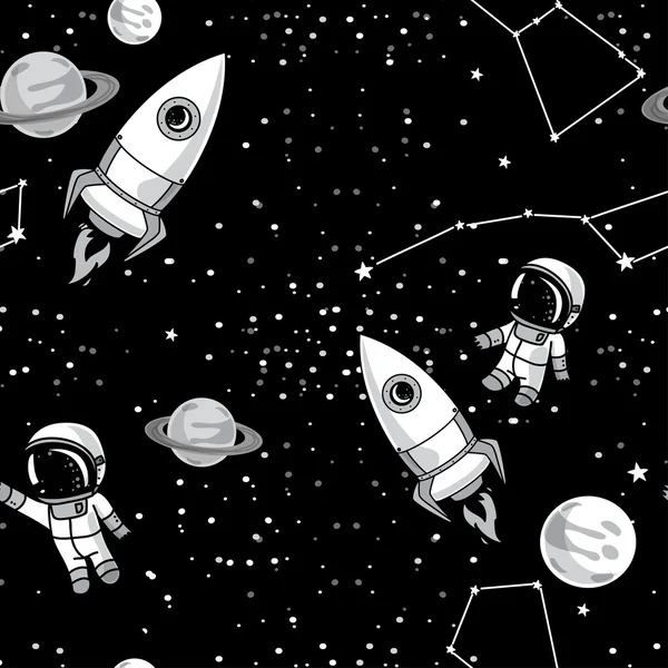 Fundo sem costura com astronautas doodle bonito, planetas, foguetes e estrelas —  Vetores de Stock