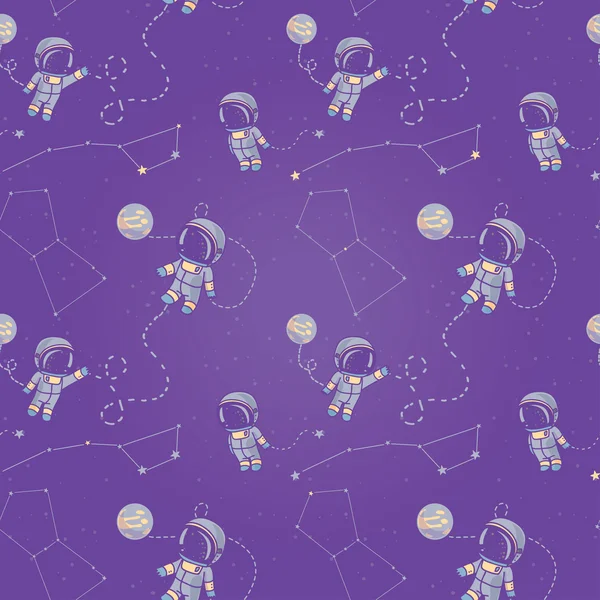 Hand drawn astronauts with constellations and planets in space, cosmic seamless pattern — Stock Vector