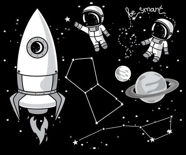 Carino elementi disegnati a mano per il design cosmico: pianeti, costellazioni, astronauti galleggianti nello spazio e razzo — Vettoriale Stock