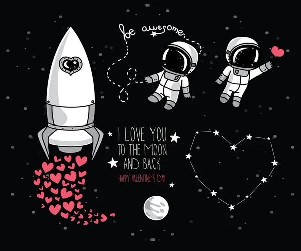 Elementos desenhados à mão bonitos para o design do dia dos namorados: lua, estrelas, astronautas flutuando no espaço e foguete — Vetor de Stock