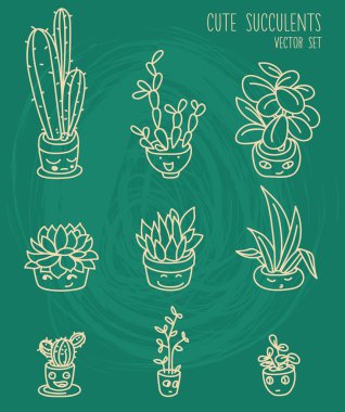 Komik Karikatür yüzler ile şirin Saksı bitkileri kümesi