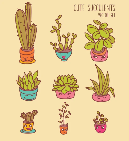 Gyűjteménye aranyos cserepes növények, vicces rajzfilm arcok — Stock Vector