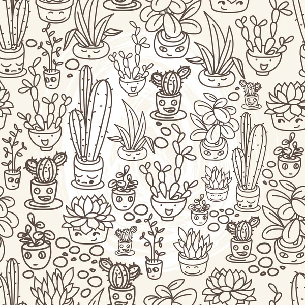 Бесшовный рисунок милых растений в горшках с смешными мультяшными лицами — стоковый вектор