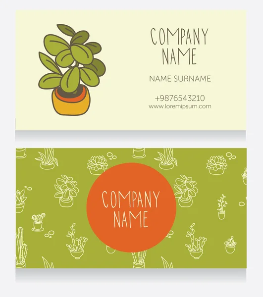 Business card design s roztomilý hrnkové rostliny pro květinářství — Stockový vektor