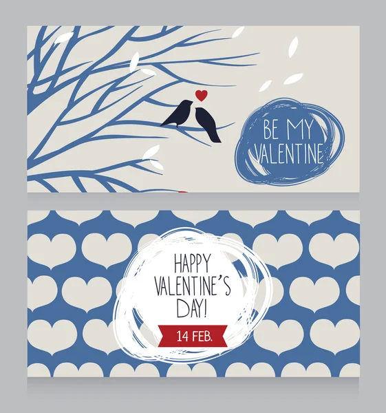 Tarjeta de felicitación del día de San Valentín, pancartas con corazones y pájaros — Vector de stock