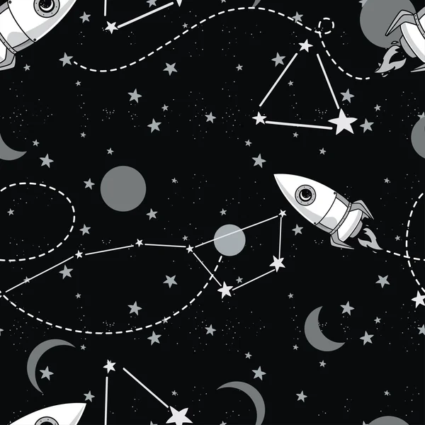 Sömlös bakgrund med söta doodle konstellationer, planeter, raketer och stjärnor — Stock vektor