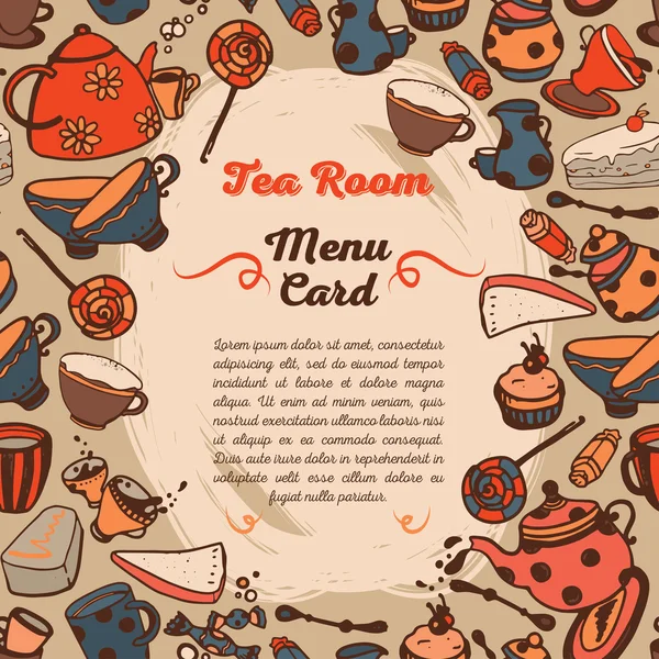 Couverture de menu mignon pour salon de thé, carte avec des choses de thé de style dessin animé — Image vectorielle