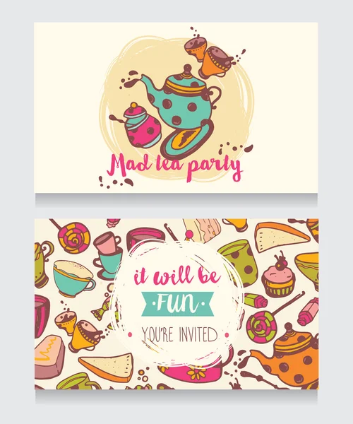 Einladungskarte für verrückte Teeparty oder süße lustige Visitenkarte für Teestube — Stockvektor