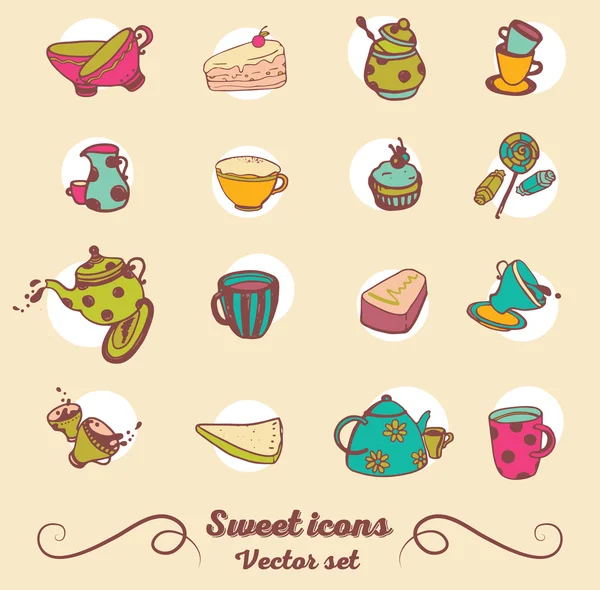 Set of hand drawn icons, cute colorful tea things — Stock Vector