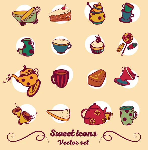 Set of hand drawn icons, cute colorful tea things — Stock Vector