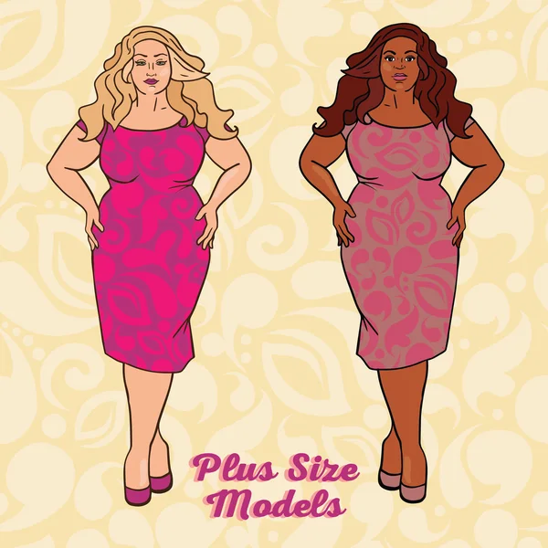 Två olika nation damer i cocktail klänningar, plus size-modeller — Stock vektor