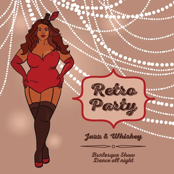 Bannière pour fête rétro burlesque, dessinée à la main plus la taille des dames dans les corsets — Image vectorielle