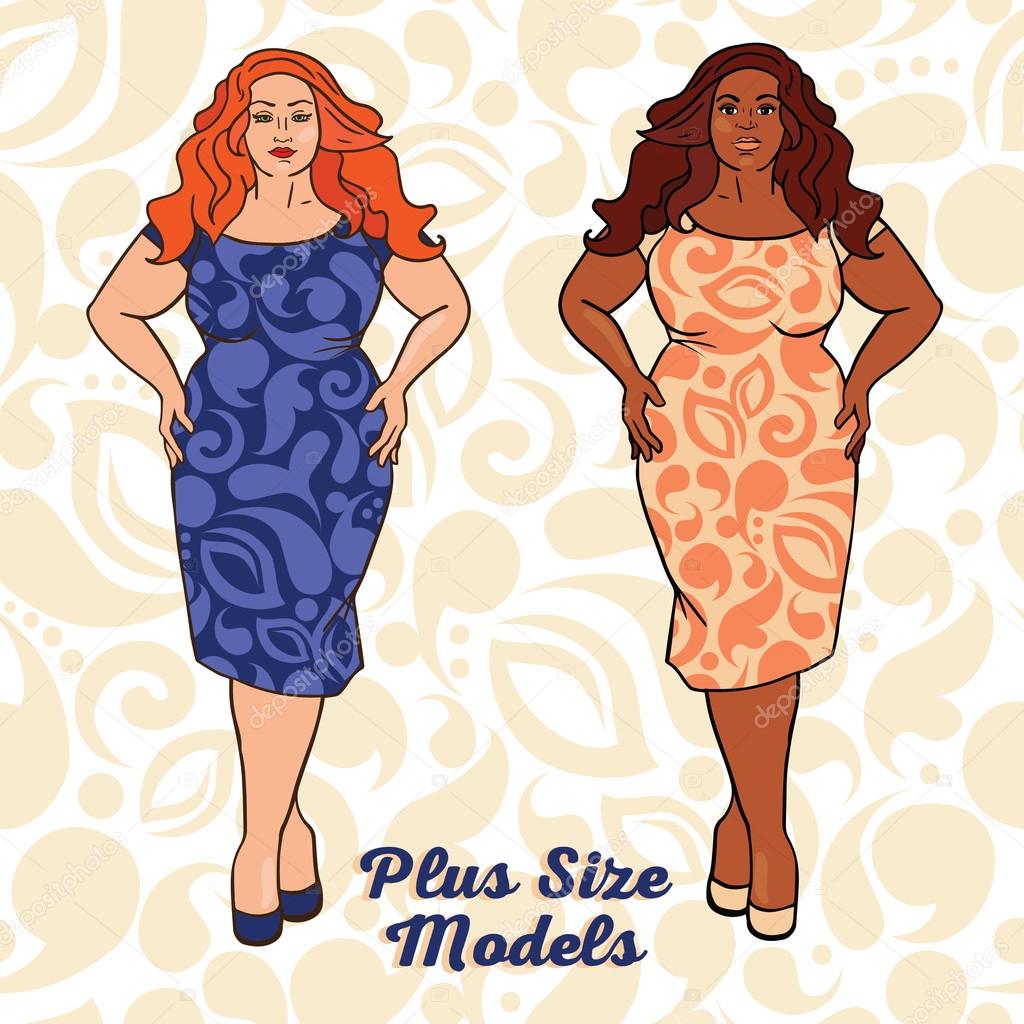 Two different nation ladies in cocktail dresses, plus size models