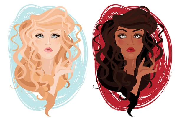Deux portraits vectoriels de belles nations différentes jeunes filles aux cheveux bouclés — Image vectorielle