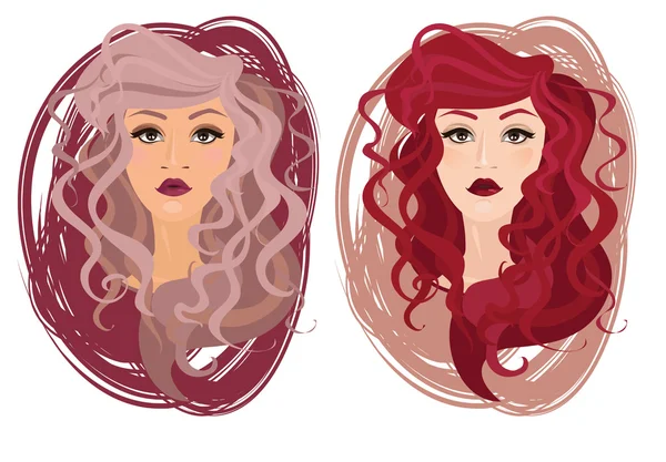 Two vector portrait of beautiful young girls with curly hair — Stock Vector