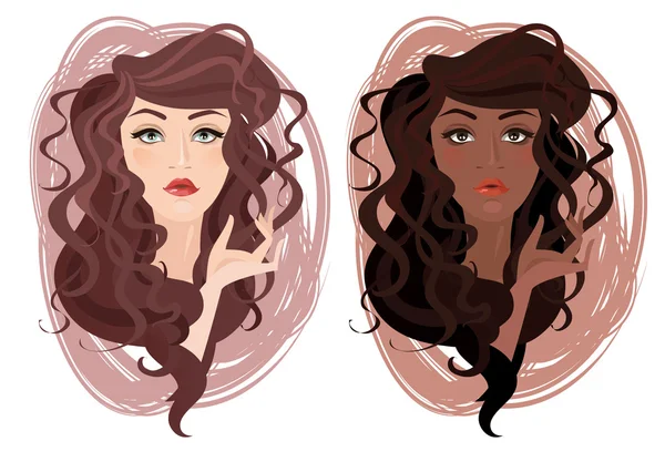 Two vector portrait of beautiful different nations young girls with curly hair — Stock Vector