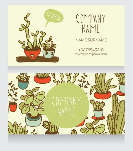 Business card design with smiling potted plants — Stock Vector