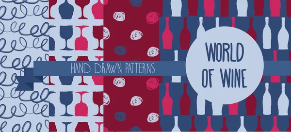 Ensemble de décors sans couture dessinés à la main avec des bouteilles et des verres pour le vin — Image vectorielle
