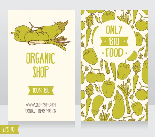 Plantilla de tarjetas de visita para tienda de alimentos orgánicos o cafetería vegana — Archivo Imágenes Vectoriales