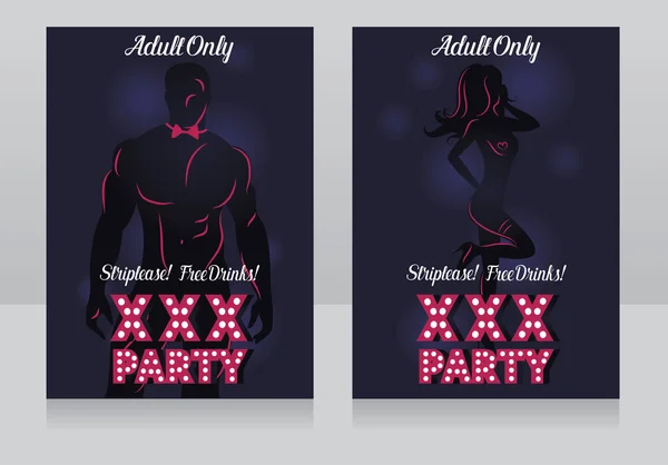 Дві карти для XXX вечірки з чоловічим і жіночим силуетом — стоковий вектор