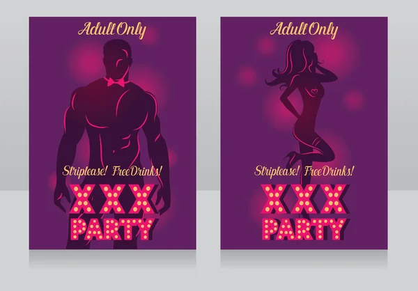 Two cards for xxx party with man's and woman's silhouette — Stock Vector