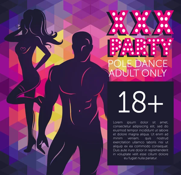 Банер для XXX вечірки з чоловічим і жіночим силуетом — стоковий вектор