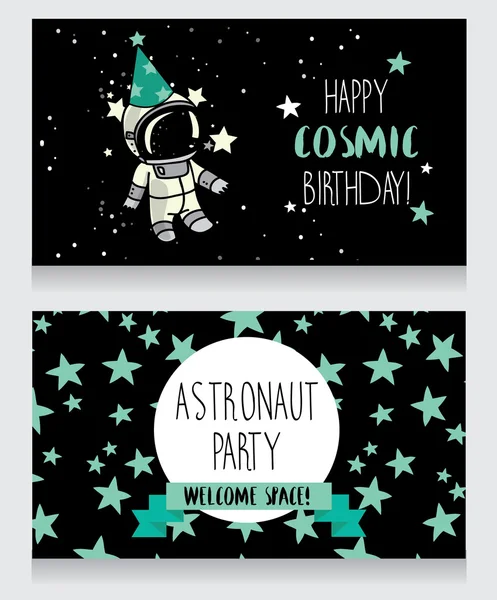 Funny greeting cards for birthday party in cosmic style — Stock Vector