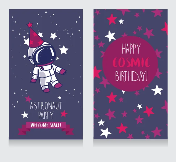Αστεία ευχετήριες κάρτες για το πάρτι γενεθλίων στο ύφος του κοσμικής — Διανυσματικό Αρχείο