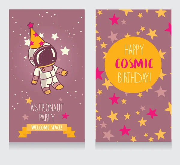 Funny greeting cards for birthday party in cosmic style — Stock Vector