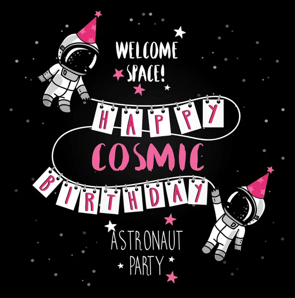 Funny greeting cards for birthday party in cosmic style — Stock Vector