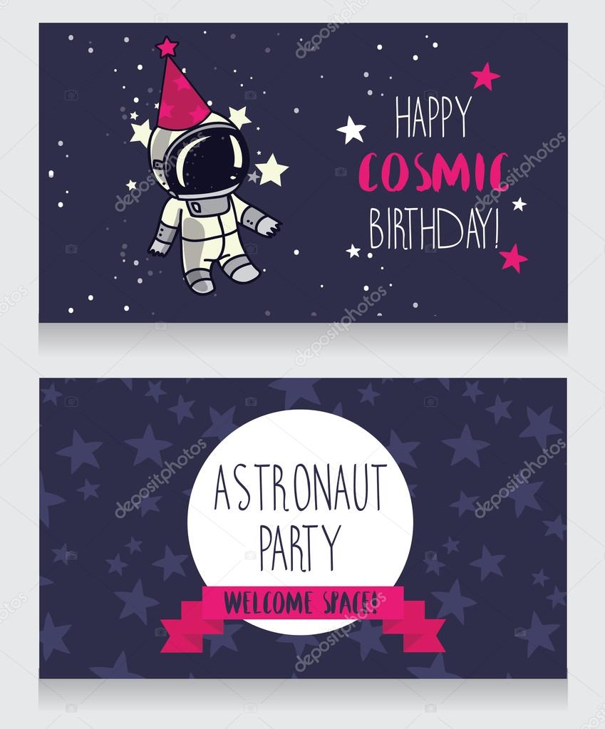 Funny greeting cards for birthday party in cosmic style