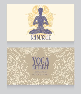 kartları için yoga merkezine ya da yoga stüdyosu desenli süsleme ve lotus asana insanda