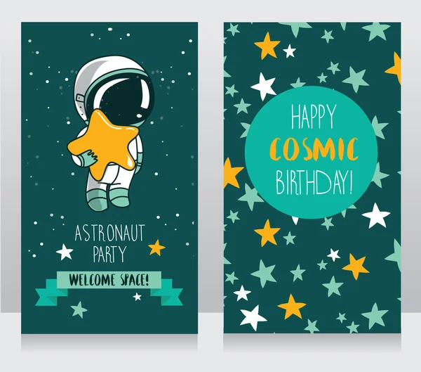 Tarjeta con lindo astronauta y estrellas en el espacio para la fiesta de cumpleaños en estilo cósmico — Vector de stock