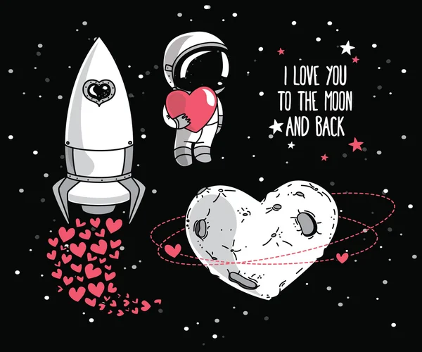 Corazón formado planeta en estilo retro, astronauta con corazón y cohete — Vector de stock