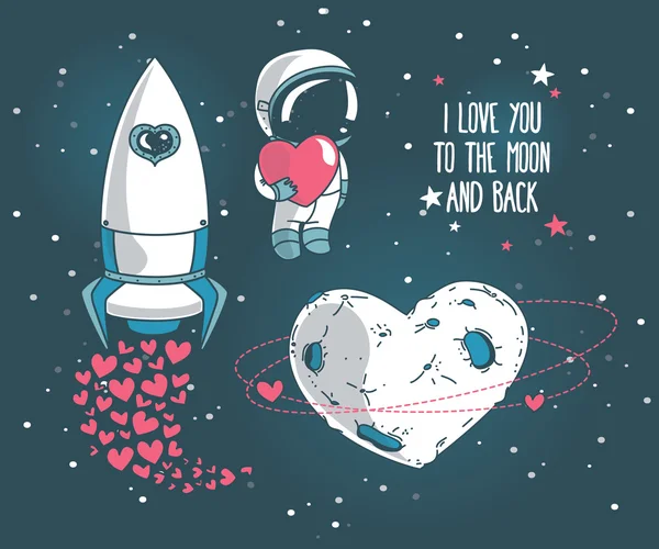 Corazón formado planeta en estilo retro, astronauta con corazón y cohete — Vector de stock