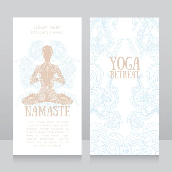 Kartları için yoga merkezine ya da yoga stüdyosu desenli süsleme ve lotus asana insanda — Stok Vektör