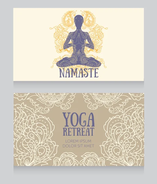 Cards for yoga retreat or yoga studio with paisley ornament and human in lotus asana — Stock Vector