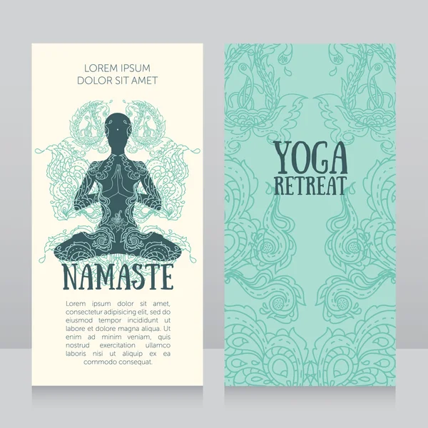 Cards for yoga retreat or yoga studio with paisley ornament and human in lotus asana