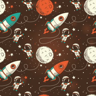 Sorunsuz geçmiş ile şirin doodle Astronotlar, gezegenler, roketler ve yıldız